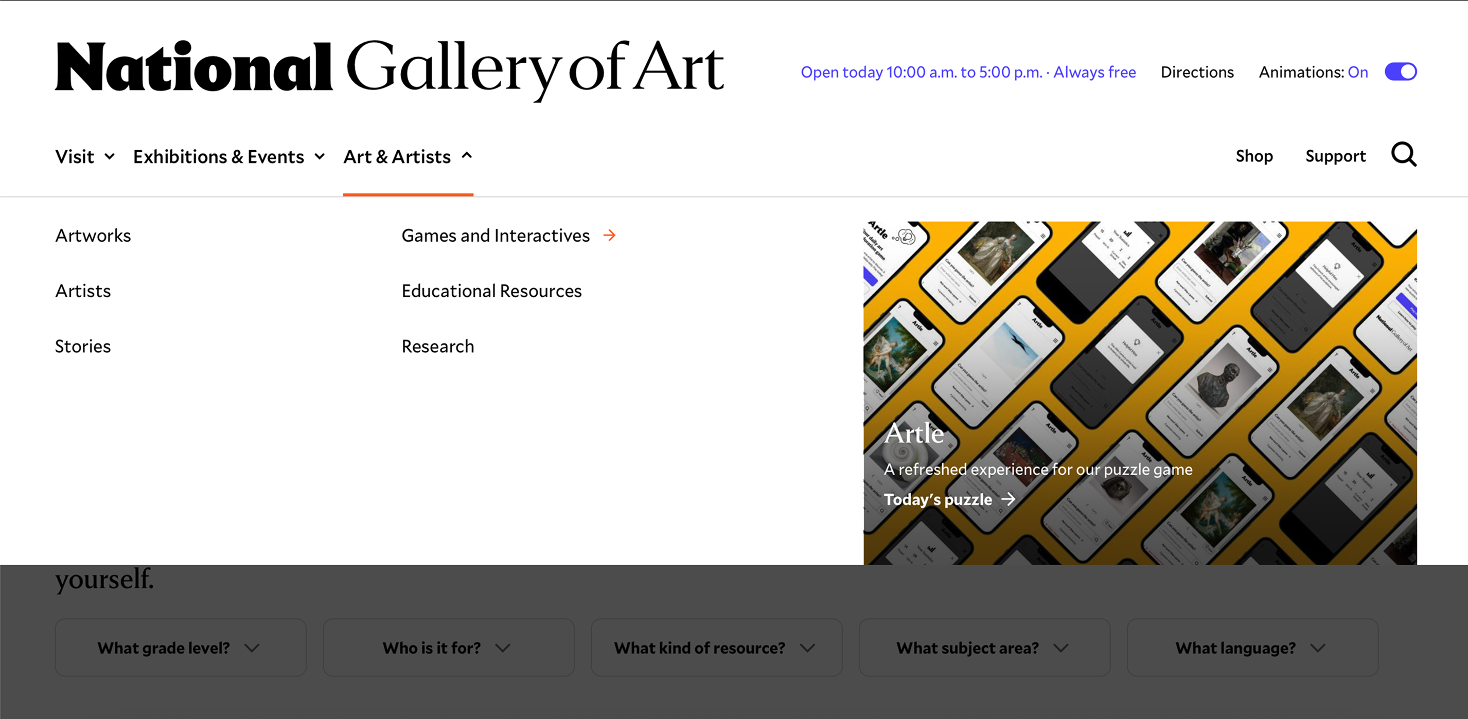 The current NGA website navigation