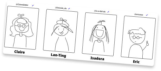 Hand-drawn avatars of the team: Claire, Lan-Ting, Isadora and Eric
