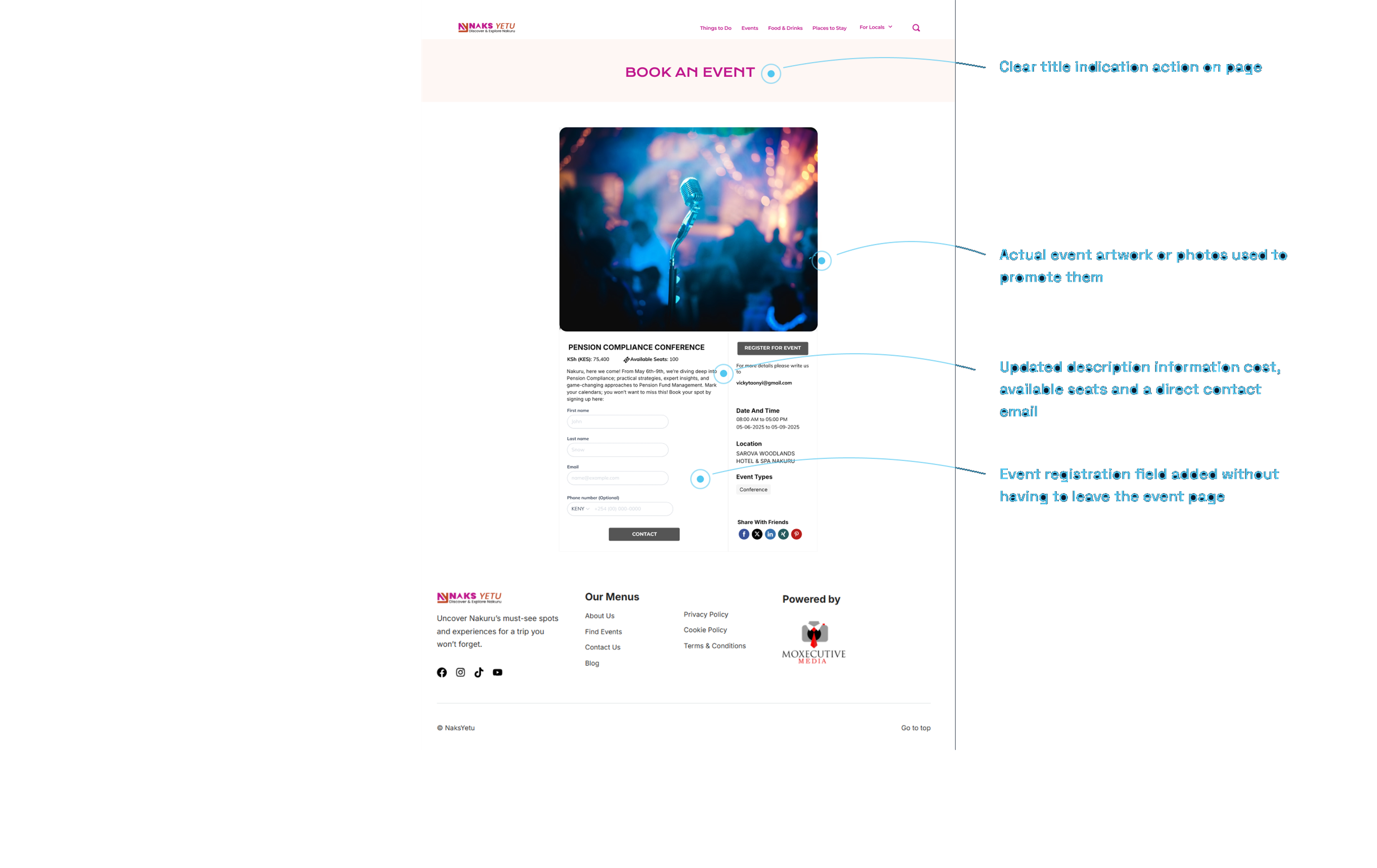 The redesigned event booking page, annotated with the recommendations