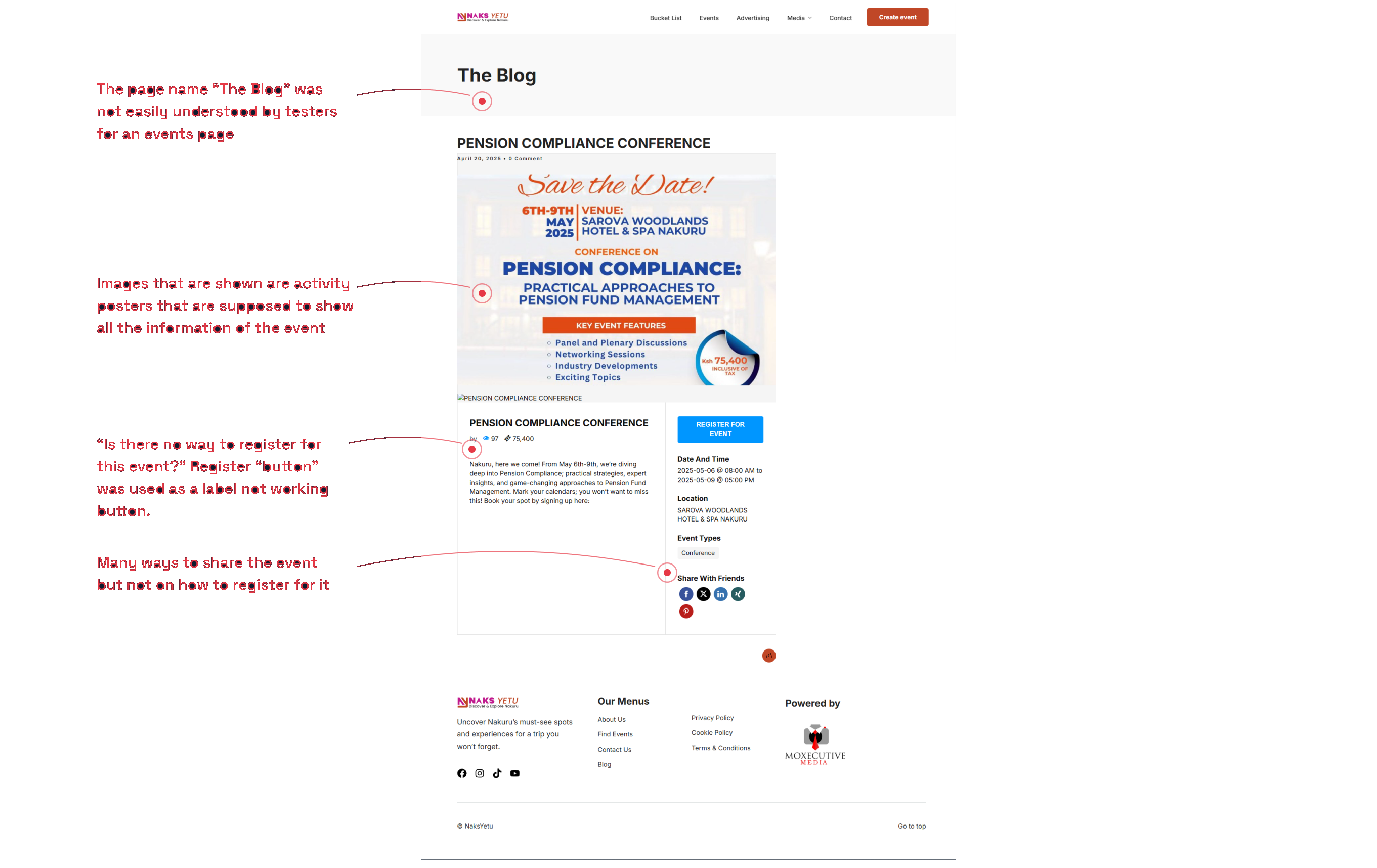 The blog-based event page before the redesign, annotated with the usability problems found