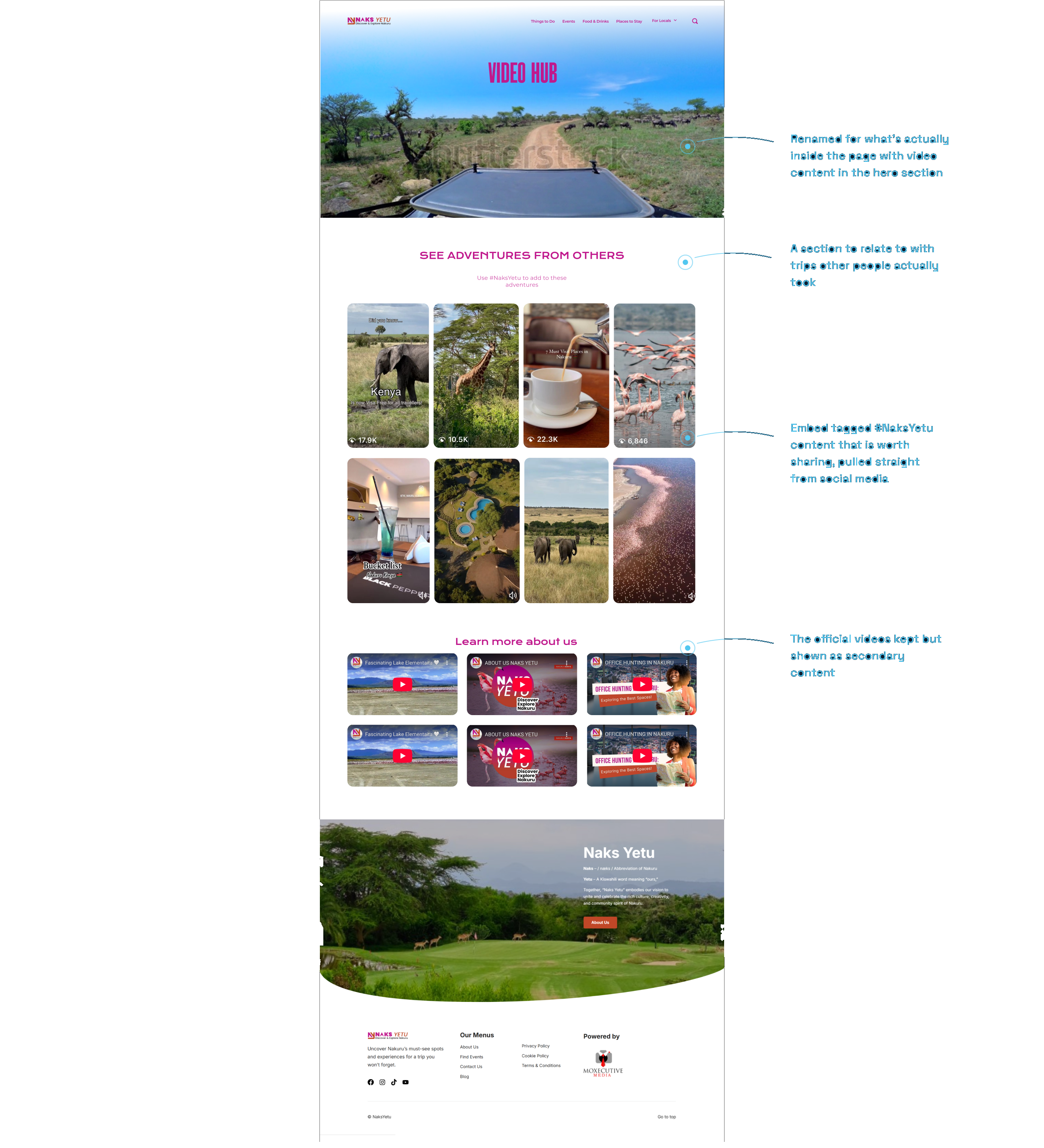 The redesigned video hub, annotated with the recommendations