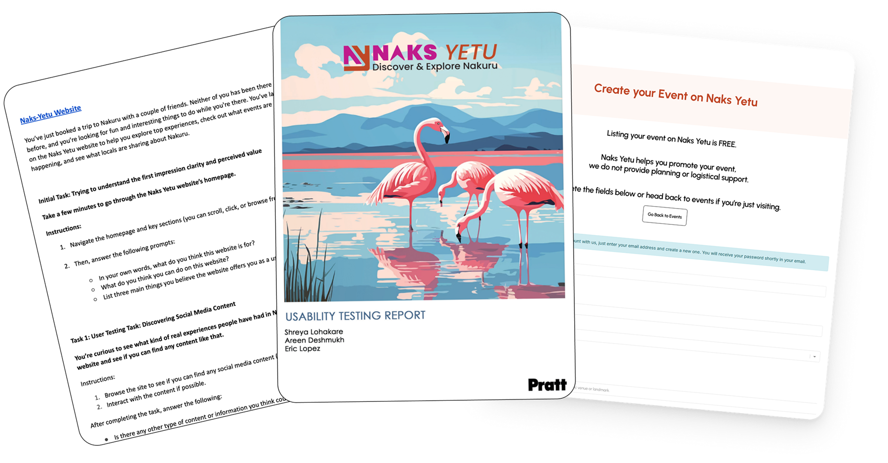 Session scripts, the usability testing report, and the event creation screen