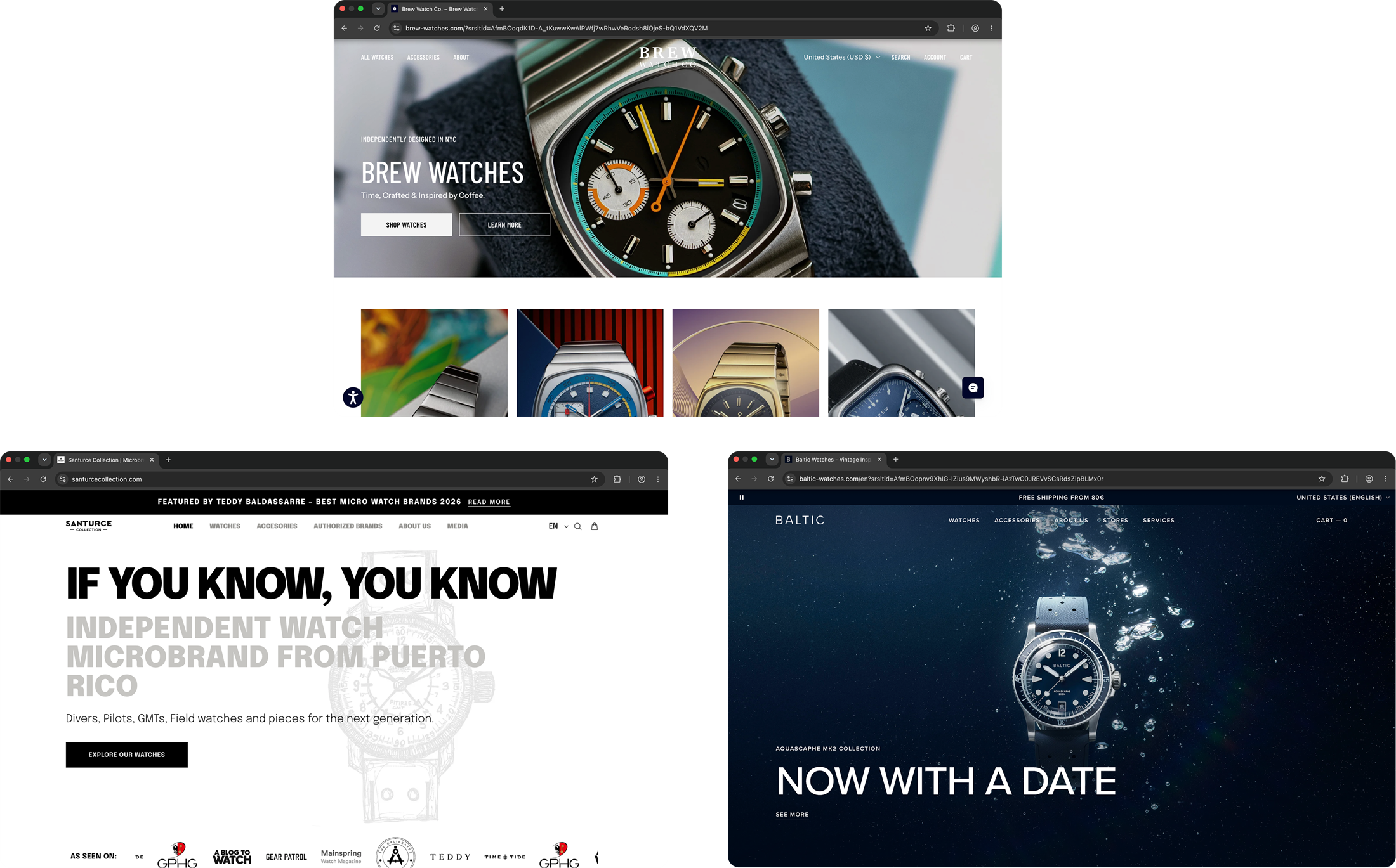 Brew Watch Co., Santurce Collection, and Baltic microbrand websites