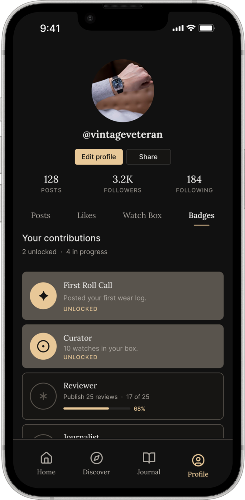 ORA profile with badges and contributions