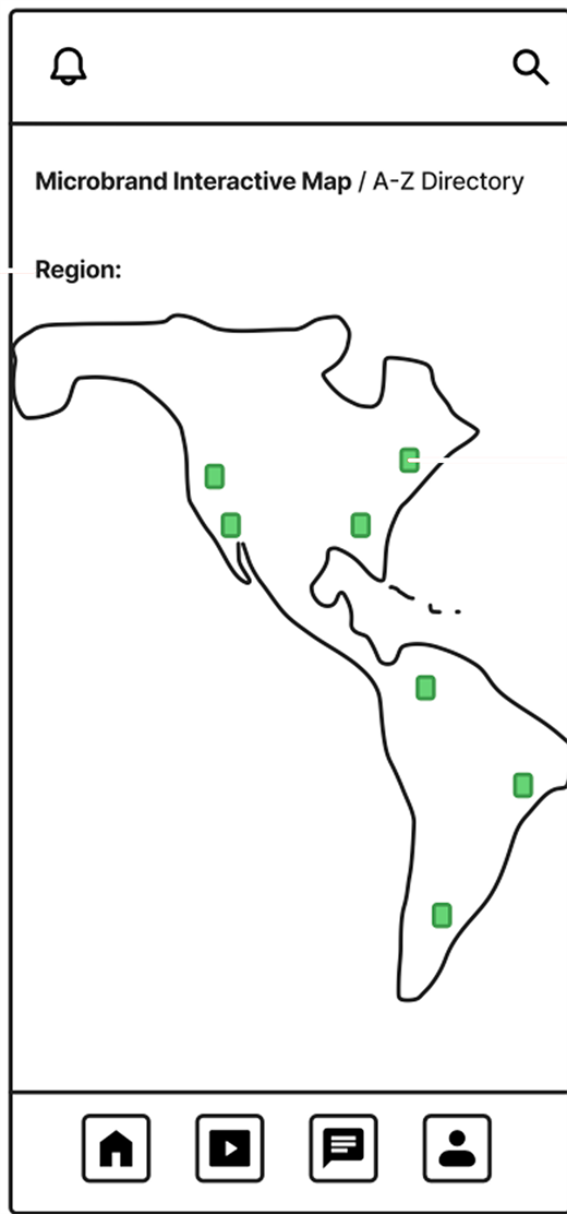 Lo-fi wireframe: regional map with brand pins