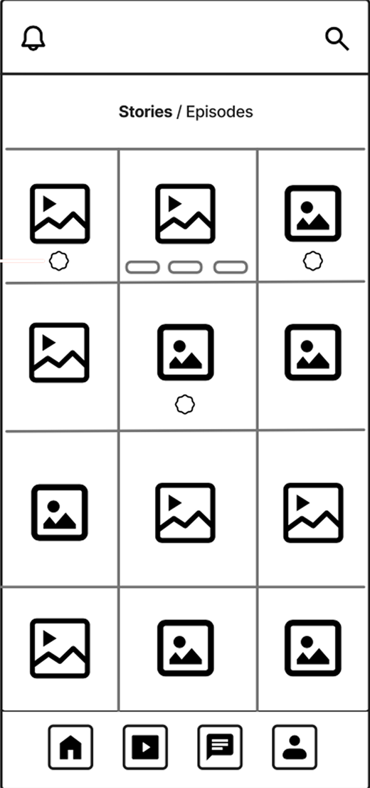 Lo-fi wireframe: stories grid
