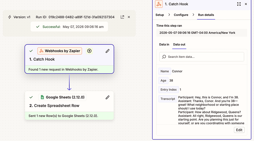 The Zapier webhook that caught each structured export
